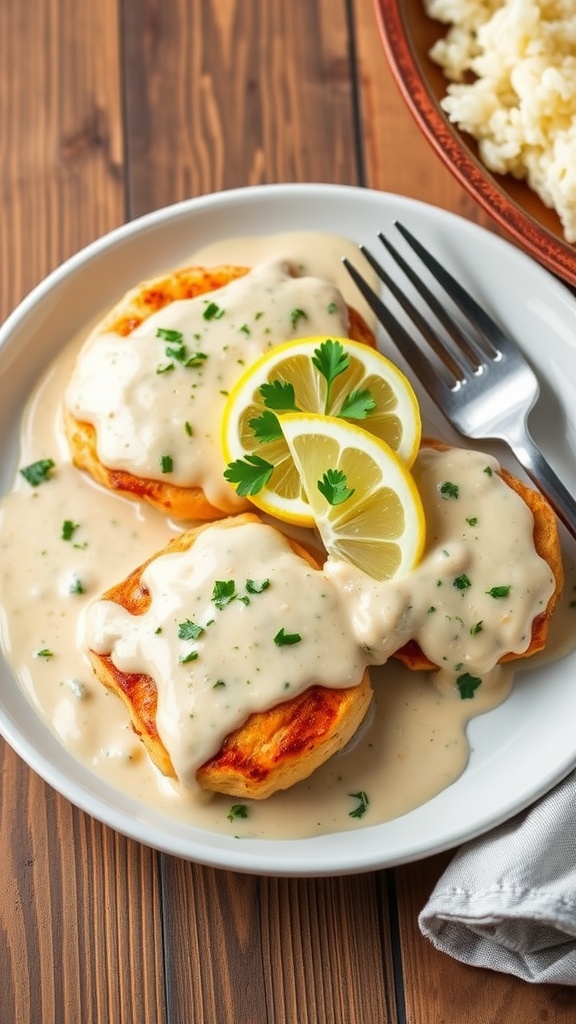 Creamy lemon herb chicken with sauce on a plate, garnished with parsley and lemon, served with rice.